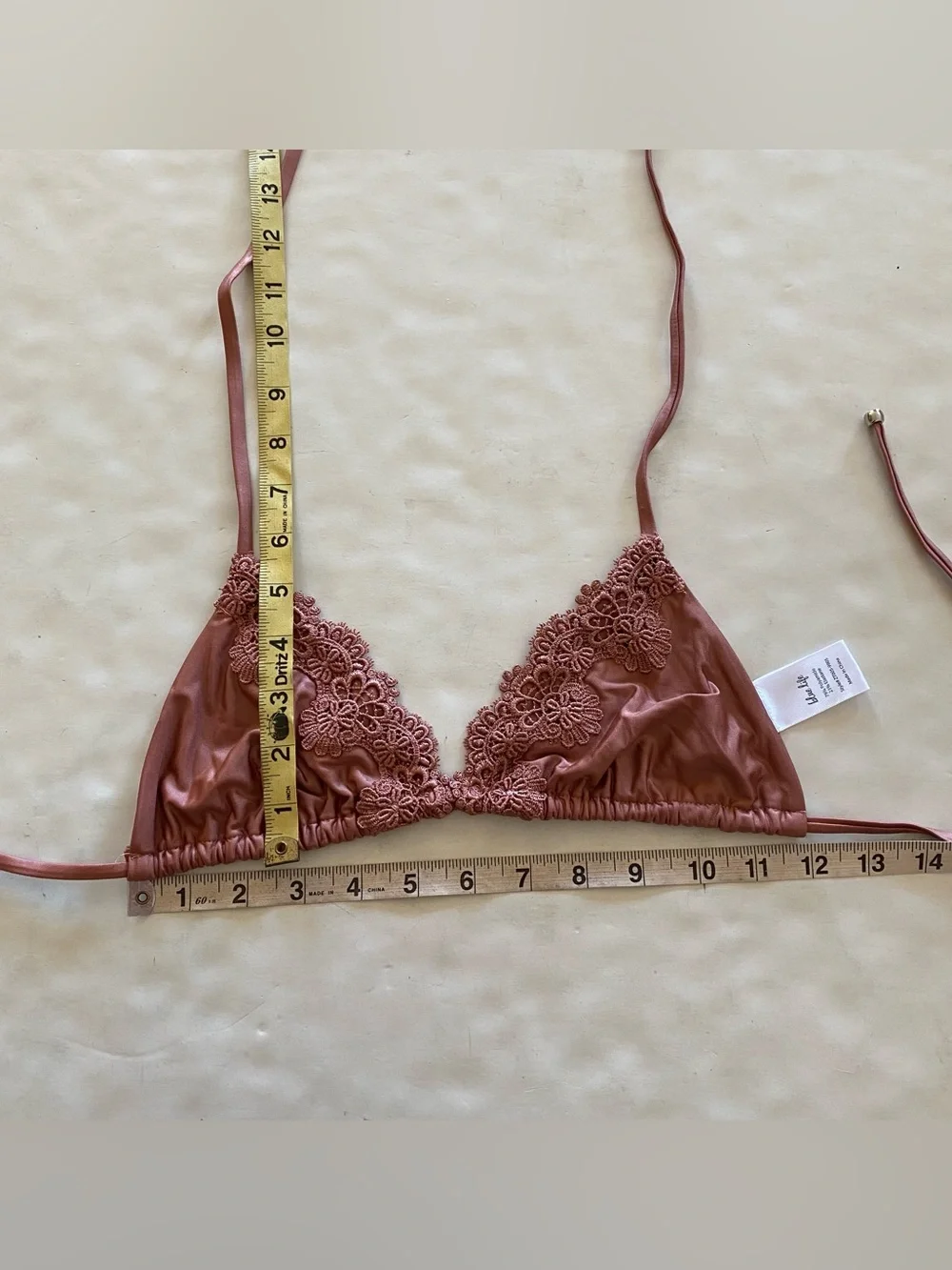 Blue Life Swim Bikini Top Women Size Small Lace Trim Triangle Tie Peach Rose Tan